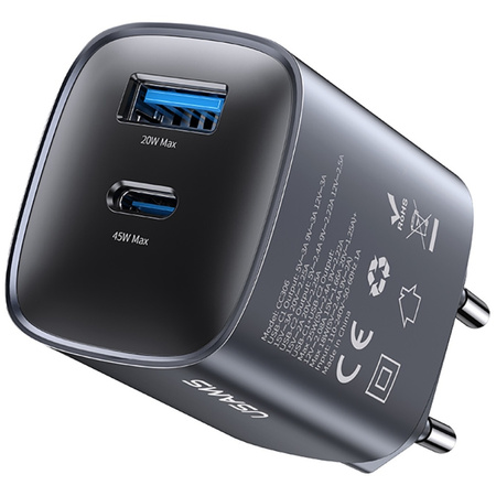 USAMS ŁADOWARKA SIECIOWA CC290 T66 45W DO TELEFONÓW USB-A USB-C GŁADKA