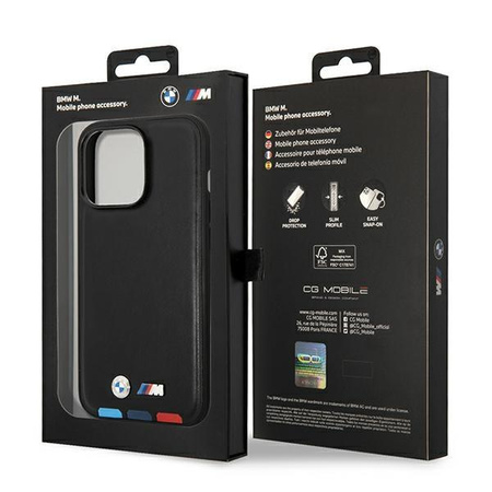Etui BMW BMHMP14X22PTDK na iPhone 14 Pro Max - czarne Leather Stamp Tricolor Magsafe
