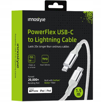 INNOSTYLE POWERFLEX KABEL USB-C LIGHTNING MFI SZYBKIEGO ŁADOWANIA DO IPHONE KEVLAR 2M SREBRNY