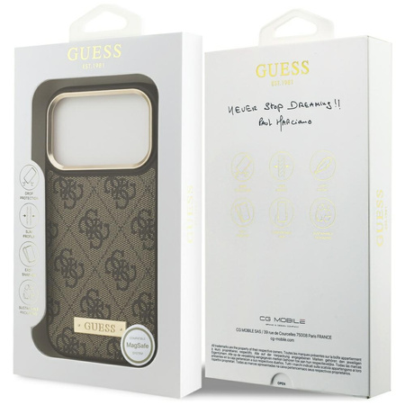 Etui Guess 4G Logo Plate MagSafe do iPhone 17 Pro brązowy