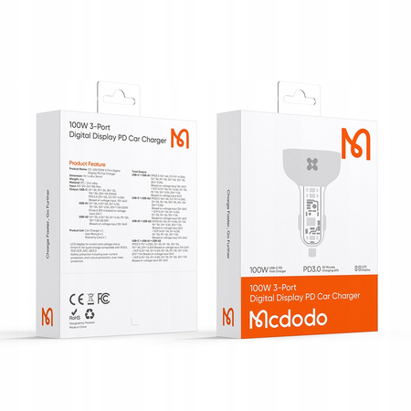 MCDODO MOCNA SZYBKA ŁADOWARKA SAMOCHODOWA MIERNIK 3X USB USB-C 100W LED