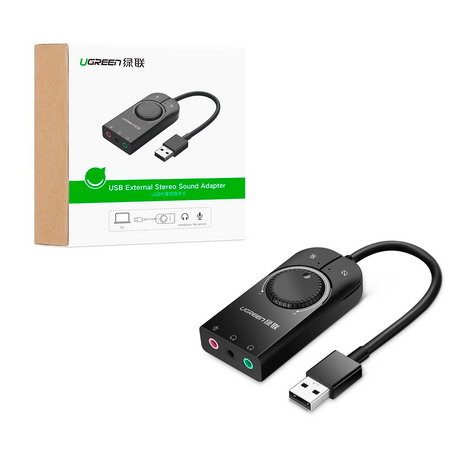 Ugreen zewnętrzna karta dzwiękowa muzyczna adapter USB - 3,5 mm mini jack z regulacją głośnościc 15cm czarny (40964)