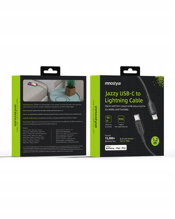 INNOSTYLE JAZZY KABEL USB-C LIGHTNING MFI SZYBKIEGO ŁADOWANIA DO IPHONE KEVLAR 1M CZARNY