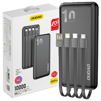 Dudao K6Pro uniwersalny powerbank 10000mAh z kablem USB, USB Typ C, Lightning czarny (K6Pro-black)