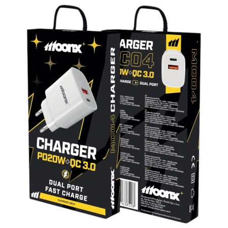 MOONX ładowarka sieciowa MC04 PD 20W 1xUSB-C + 1xUSB QC3.0 Biały
