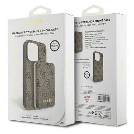 Zestaw Guess GUBPM5P15L4GEMGW iPhone15 Pro 6.1 hardcase + Powerbank 5000mAh MagSafe brązowy/brown 4G Metal Logo