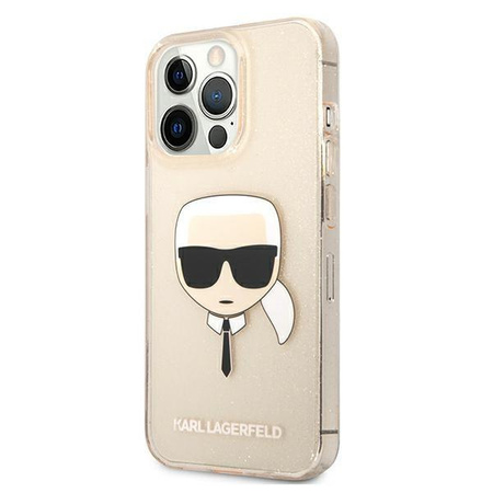 Etui Karl Lagerfeld KLHCP13LKHTUGLGO na iPhone 13 Pro / 13 - złote Glitter Karl's Head