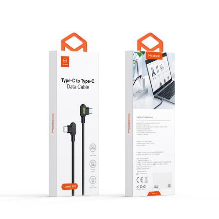 Kabel do telefonu, Szybkie ładowanie, Kątowy 90°, LED, USB-C PD, 2m, czarny, 60W, Mcdodo