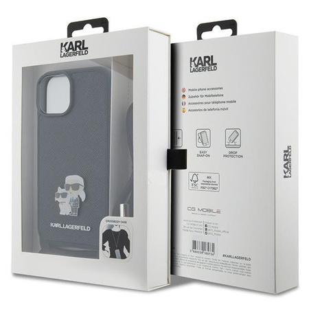 Etui Karl Lagerfeld Crossbody Saffiano Metal Pin Karl & Choupette na iPhone 15 - czarne