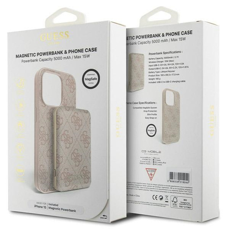 Zestaw Guess GUBPM5P15S4GEMGP iPhone15 6.1 hardcase + Powerbank 5000mAh MagSafe różowy/pink 4G Metal Logo