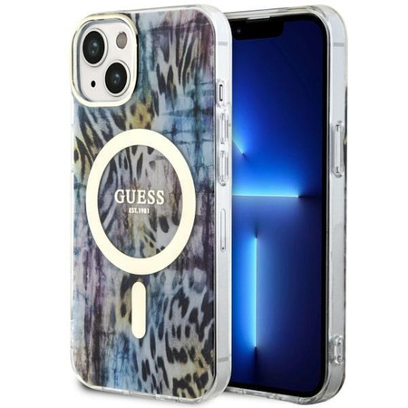 Etui Guess GUHMP14SHLEOPWB na iPhone 14 - niebieskie Leopard MagSafe