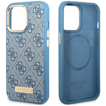 Etui Guess GUHMP14LU4GPRB na iPhone 14 Pro - niebieskie 4G Logo Plate MagSafe