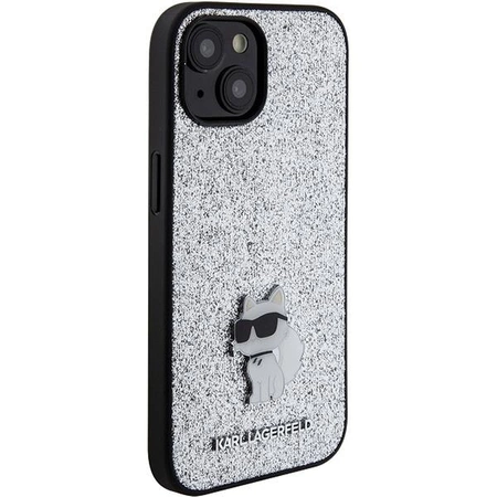 Etui Karl Lagerfeld Fixed Glitter Choupette Logo Metal Pin do iPhone 15 - srebrne