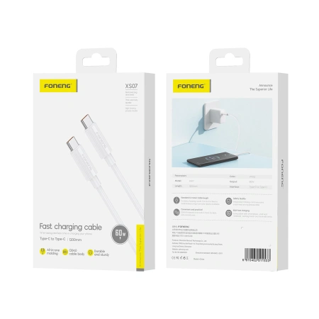FONENG kabel XS07 USB-C - USB-C PD 60W 1.2M Biały