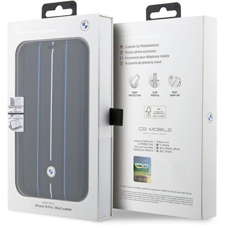 Etui BMW BMBKP14L22RVSK na iPhone 14 Pro - czarne bookcase Leather Stamp Blue Lines