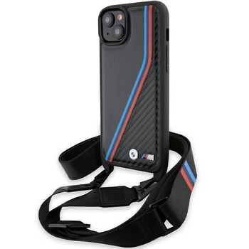 Etui BMW M Edition Carbon Tricolor Lines & Strap na iPhone 15 Plus / 14 Plus - czarne