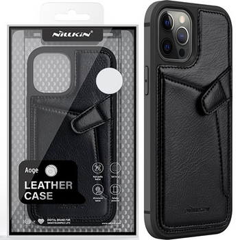 Nillkin Aoge Leather Case elastyczne pancerne etui z prawdziwej skóry z kieszonką iPhone 12 mini czarny