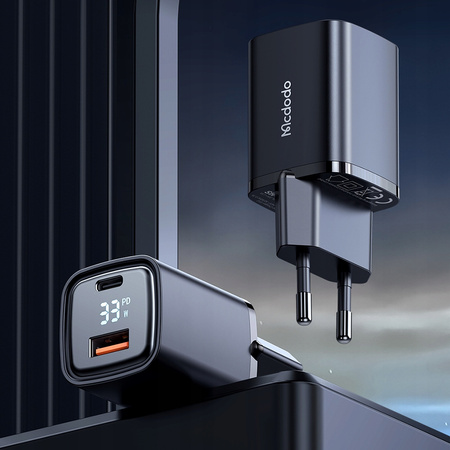 MCDODO SZYBKA ŁADOWARKA SIECIOWA DO TELEFONU 2X USB USB-C GAN 33W MIERNIK