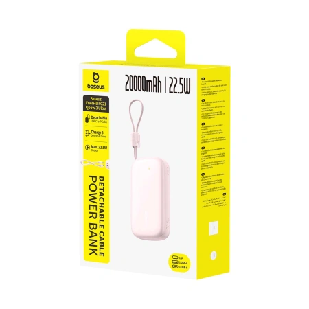 Powerbank Baseus EnerFill FC21 Qpow 3 Ultra 20000mAh 22.5W z wyświetlaczem z dołączonym kablem - różowy