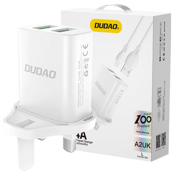 Dudao ładowarka sieciowa wtyczka UK (Wielka Brytania) 2xUSB-A 2.4A biała + kabel USB-A - USB-C biały