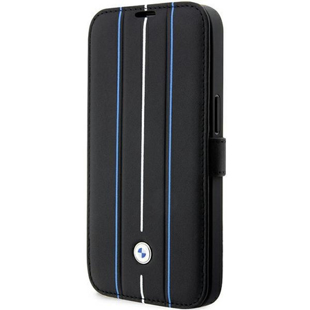Etui BMW BMBKP14L22RVSK na iPhone 14 Pro - czarne bookcase Leather Stamp Blue Lines