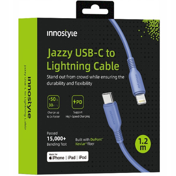 INNOSTYLE JAZZY KABEL USB-C LIGHTNING MFI SZYBKIEGO ŁADOWANIA DO IPHONE KEVLAR 1M NIEBIESKI