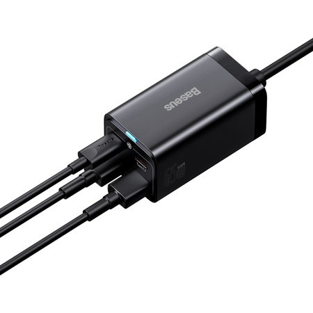 Baseus GaN3 Pro szybka ładowarka sieciowa GaN 2 x USB Typ C / 2 x USB 65W PD, QC4.0+, AFC, PPS + kabel USB Typ C - USB Typ C 1m czarny (CCGP040101)