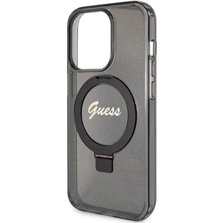 Etui Guess Ring Stand Script Glitter MagSafe na iPhone 15 Pro - czarne