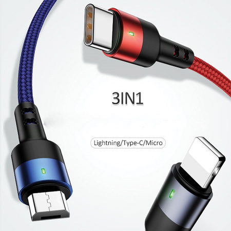 USAMS KABEL PLECIONY 3W1 DO LIGHTNING MICROUSB USB-C 0.35M SZYBKA ŁADOWARKA