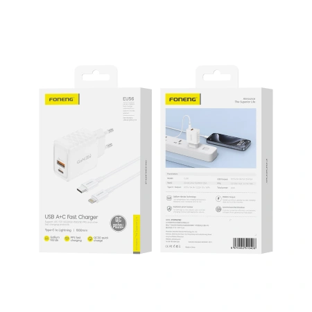 FONENG ładowarka sieciowa EU56 GaN PD 20W 1xUSB-C + 1xUSB QC3.0 + kabel USB-C - Lightning Biały