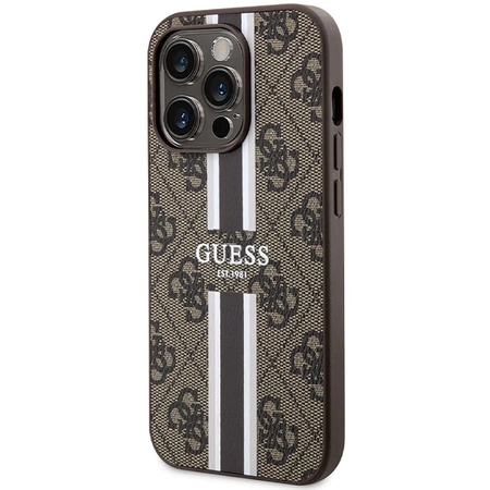 Etui Guess 4G Printed Stripes MagSafe na iPhone 15 Pro - brązowe