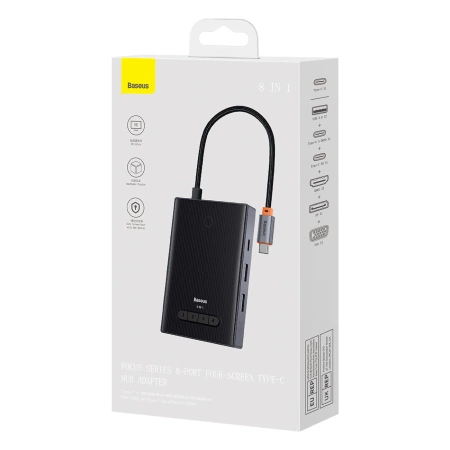 Hub USB-C 8w1 Baseus PioneerJoy HDMI 4K@60Hz + HDMI 4K@30Hz + DisplayPort 8K@30Hz + VGA + 2 x USB-A 3.0 + 2 x USB-C - szary