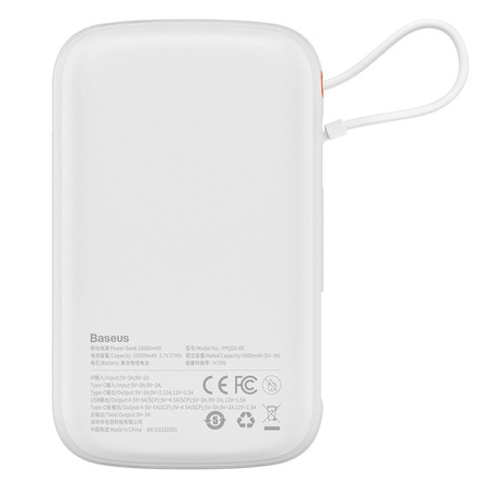 Baseus Qpow Digital Display powerbank z szybkim ładowaniem 10000mAh 22,5W QC/PD/SCP/FCP z wbudowanym kablem USB-C biały