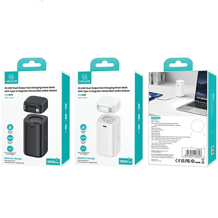 USAMS Powerbank ze zwijanym kablem USB-CRetractable 18000 mAh PD45W Fast Charge XMF Series biały/white 20KCD21602 (US-CD216)