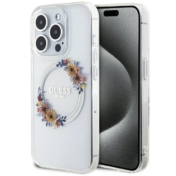 Etui Guess IML Flowers Wreatch MagSafe na iPhone 15 Pro - przezroczyste