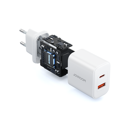 Szybka dwuportowa ładowarka sieciowa 20W USB-C / USB-A Joyroom JR-TCF05 - biała + kabel USB-C - Lightning 1m