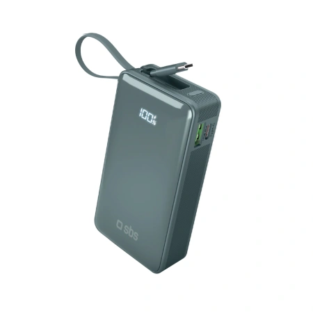 Powerbank SBS 10000 mAh 20W z wbudowanym kablem USB-C i wyświetlaczem cyfrowym - szary
