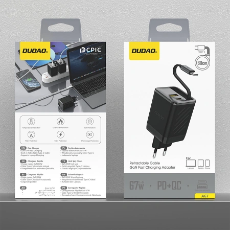 Ładowarka sieciowa Dudao A67EU GaN 67W z wbudowanym zwijanym kablem USB-C Power Delivery Quick Charge - czarna