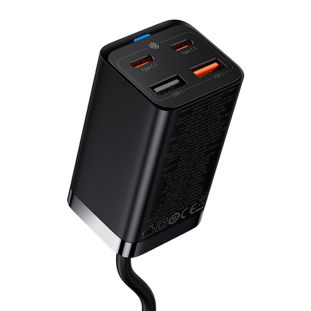 Baseus GaN3 Pro szybka ładowarka sieciowa GaN 2 x USB Typ C / 2 x USB 65W PD, QC4.0+, AFC, PPS + kabel USB Typ C - USB Typ C 1m czarny (CCGP040101)