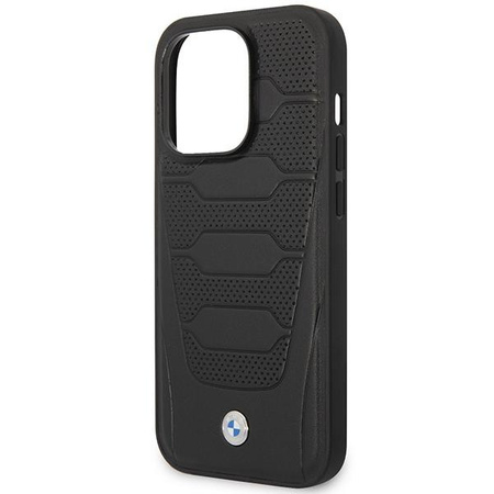 Etui BMW BMHMP14X22RPSK na iPhone 14 Pro Max - czarne Leather Seats Pattern MagSafe
