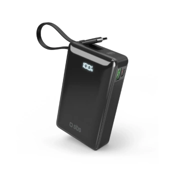 Powerbank SBS 20000 mAh 20 W z wbudowanym kablem USB-C i wyświetlaczem cyfrowym - czarny