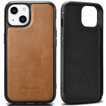 iCarer Leather Oil Wax etui pokryte naturalną skórą do iPhone 14 Plus (kompatybilne z MagSafe) brązowy (WMI14220719-TN)