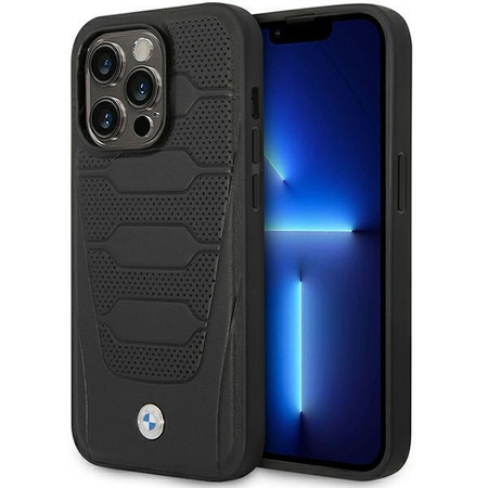 Etui BMW BMHMP14X22RPSK na iPhone 14 Pro Max - czarne Leather Seats Pattern MagSafe