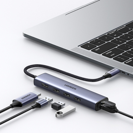 Ugreen adapter konwerter HUB 5w1 USB C - 3x USB 3.0 / HDMI / RJ45 szary (CM475)