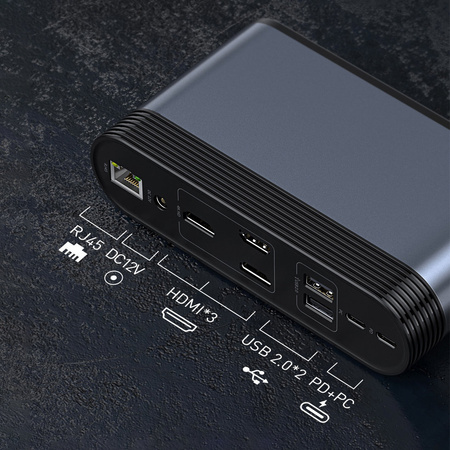 Baseus wielofunkcyjny HUB 3x USB 3.2 Gen 1 / 2x USB 2.0 / 2x USB Typ C / czytnik kart SD i micro SD / AUX / 3x HDMI / RJ45 1Gbps Power Delivery 100W (wtyczki EU / CN / UK) szary (CAHUB-DG0G)