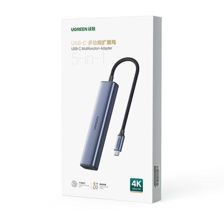 Ugreen adapter konwerter HUB 5w1 USB C - 3x USB 3.0 / HDMI / RJ45 szary (CM475)