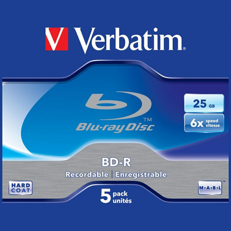 VERBATIM PŁYTY BLU-RAY 25GB BD-R 6X SL DO KOMPUTERA 5SZT DO NAGRYWANIA