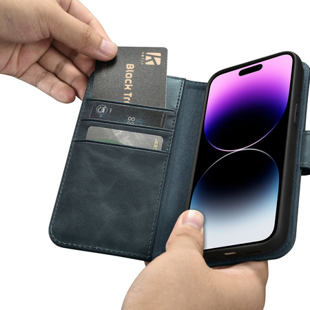iCarer Oil Wax Wallet Case 2in1 etui iPhone 14 Pro skórzany pokrowiec z klapką Anti-RFID niebieski (WMI14220722-BU)