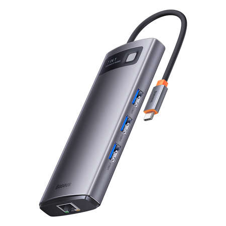 Baseus Metal Gleam Series stacja dokująca HUB 7 w 1 USB Typ C - 2 x HDMI / 3 x USB 3.2 Gen. 1 / 1 x Power Delivery / 1 x RJ-45 Ethernet szary (WKWG040113)