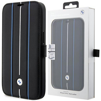 Etui BMW BMBKP14L22RVSK na iPhone 14 Pro - czarne bookcase Leather Stamp Blue Lines